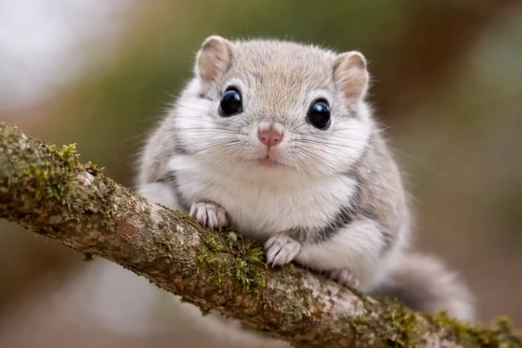  "Japanese dwarf flying squirrel with large eyes in forest habitat"