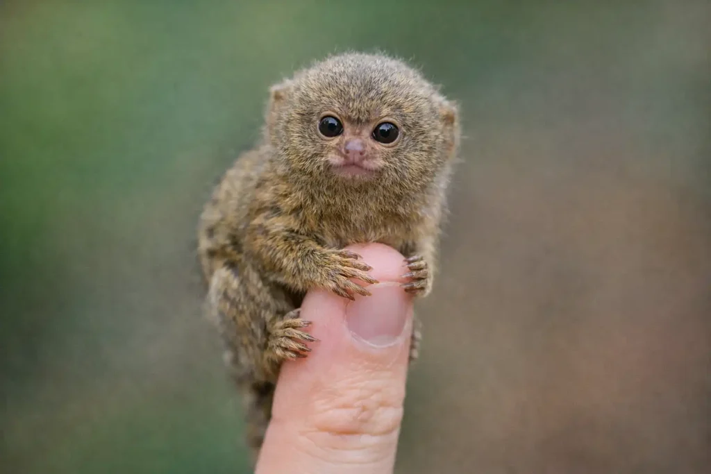 "Pygmy marmoset world's smallest monkey on human hand showing tiny size"